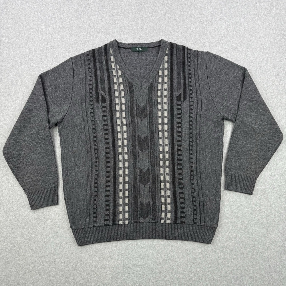 Vintage Wolsey Sweater Mens Large Gray Striped Wool Blend V Neck Pullover Jumper